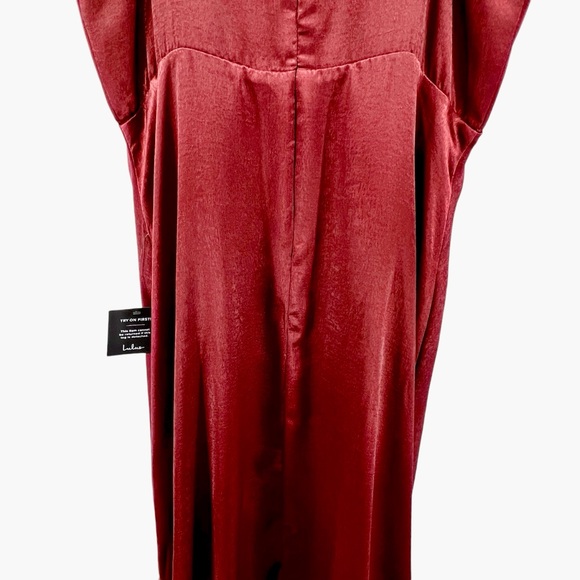 Lulus NWT Constantine Burgundy Satin Maxi Dress Size XL Side Slit Surplice Neck - Picture 9 of 16
